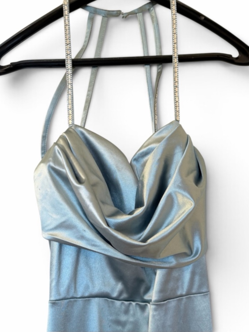 Crystal Doll Long Steel Blue Satin & Rhinestone Open Back Formal Prom Dress Gown